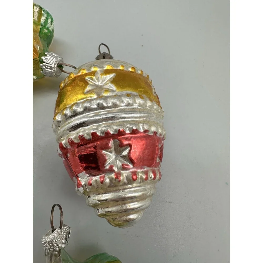 VTG West Germany Blown Glass Christmas Ornament Snowflake Star Mica Ribbed Set